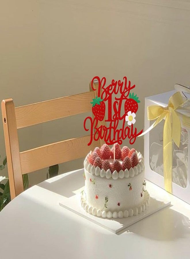 Confetti! Berry 1st Birthday Cake Topper with Flower Glitter Sweet Fruit Theme First Birthday Strawberry One Cake Pick for Strawberry Theme Baby Shower Kids 1st Birthday Party Cake Decorations - Image 4